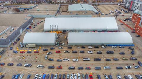 An aerial view of the drive-thru immunization clinic lineup in Regina.