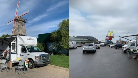 The RV being used as a Vaxmobile is shown parked in front of Dutch Growers and in the parking lot near McDonald’s at Centre Mall.  