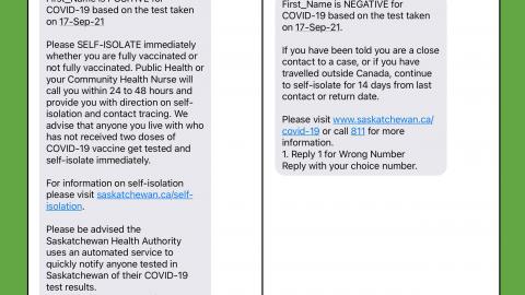 An example of text messages sent for positive (left) and negative (right) test results for COVID-19. 