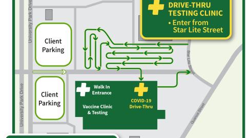 A map showing access to the COVID-19 vaccine mass clinic and drive-thru testing new location in Regina.