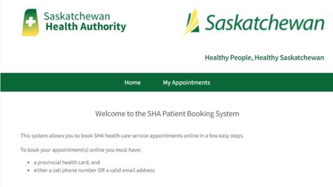 The front page of the Patient Booking system, with Saskatchewan Health Authority and Government of Saskatchewan logos