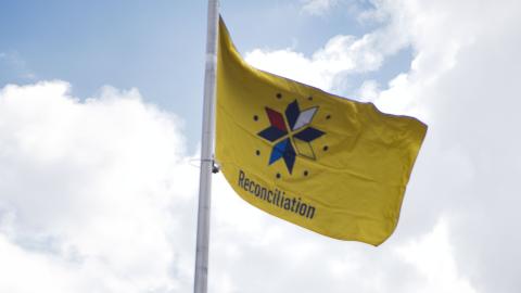 The Truth and Reconciliation Flag flies at the SHA corporate head office at Saskatoon City Hospital.