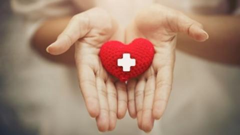 knitted read heart in hands