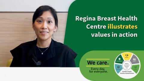 Image Thumbnail screen shot of a video Dr. Patricia Jo, Area Department Lead, Regina Medical Imaging, explains how the Regina Breast Health Centre illustrates the SHA values in action.