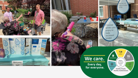 Resident throwing wet sponge at two staff members, resident using a water gun attempting to knock down red cups, signs about the importance of hydration.
