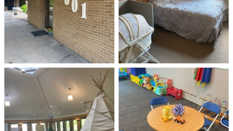 Four photos depict the front entrance to a brick building, a bedroom room with a queen bed and a cradle, a teepee in among tables and chairs in a meeting room, and a child’s table and chair set and toys.