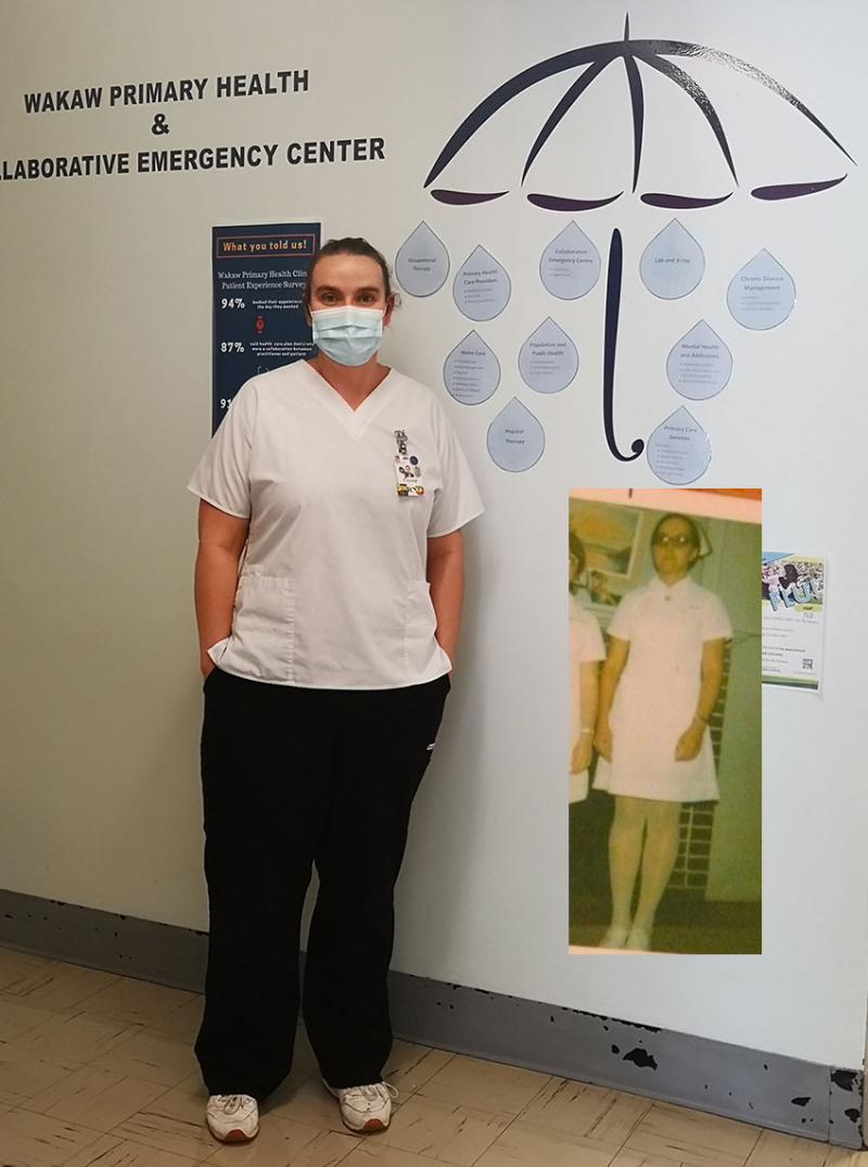 woman standing beside photo of her mother