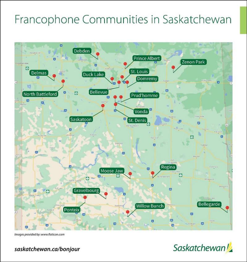    A map of the Francophone communities in Saskatchewan. 