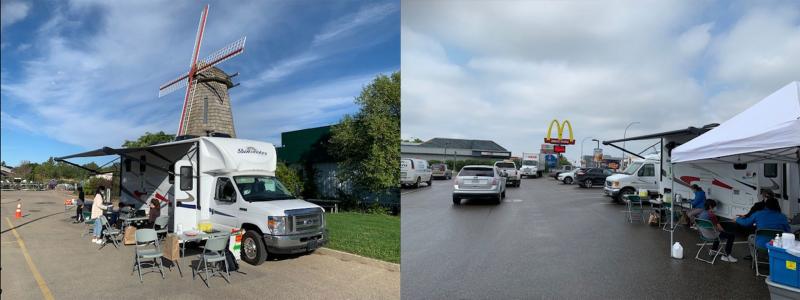 The RV being used as a Vaxmobile is shown parked in front of Dutch Growers and in the parking lot near McDonald’s at Centre Mall.  