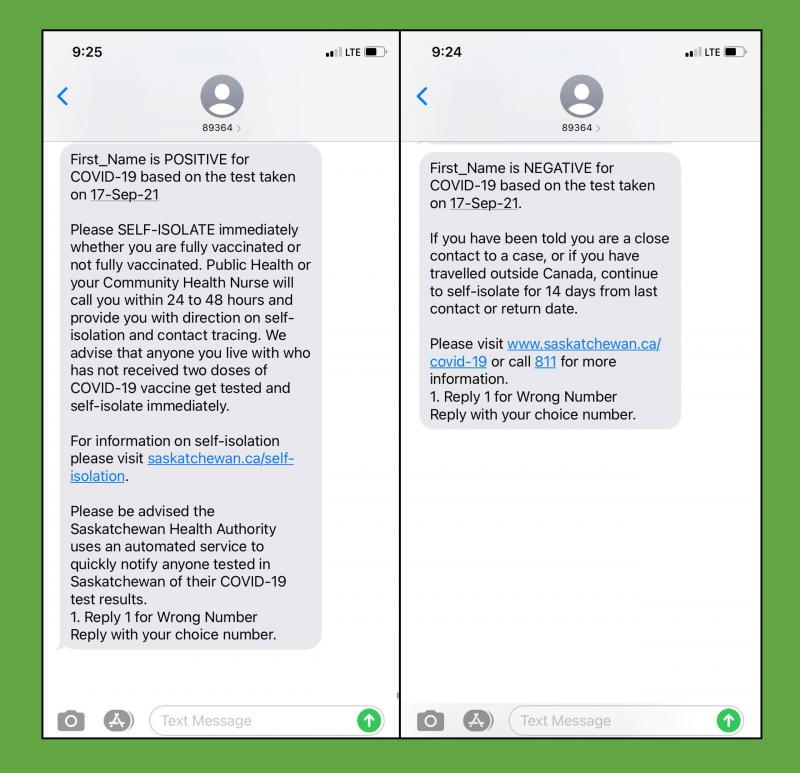 An example of text messages sent for positive (left) and negative (right) test results for COVID-19. 