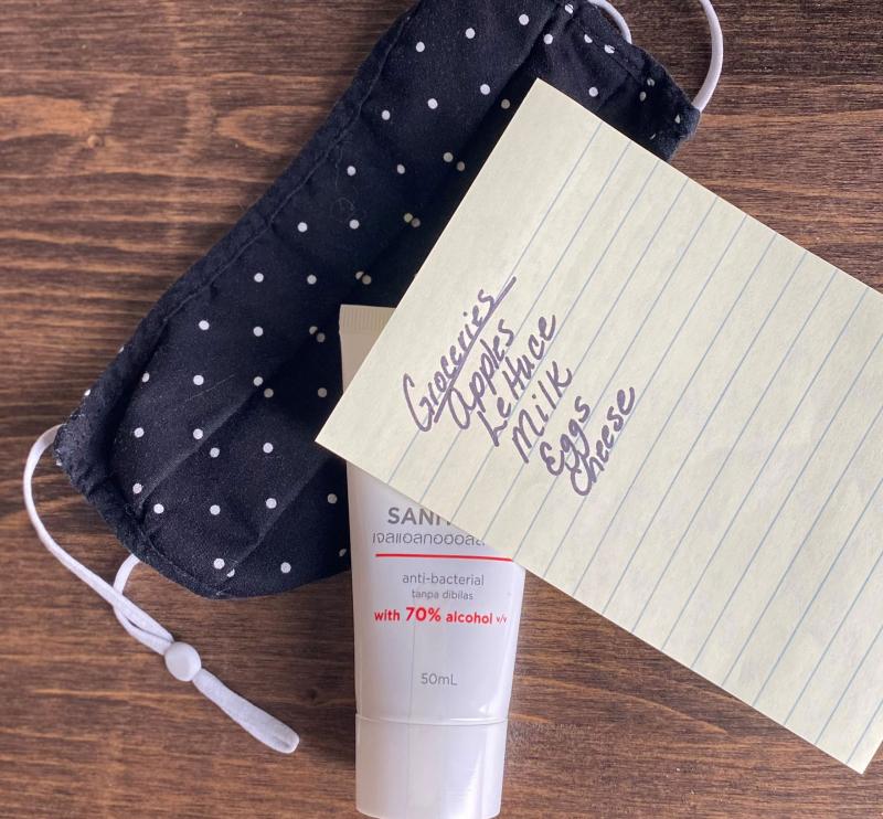 A mask, hand sanitizer and a list.