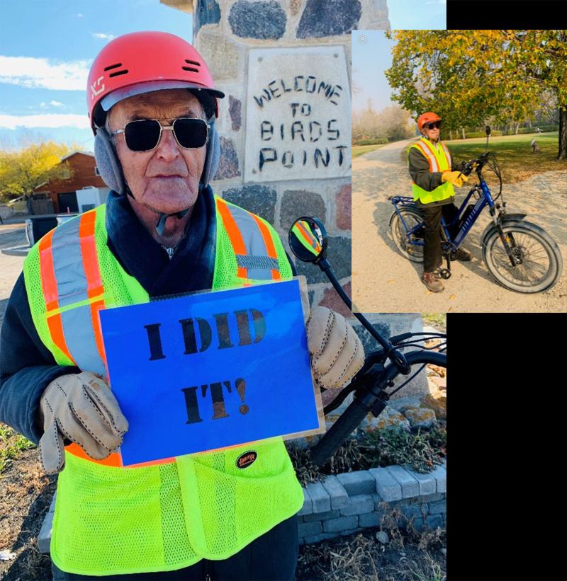 Glen Laycock after his ride with a photo of him on his bicycle inset.