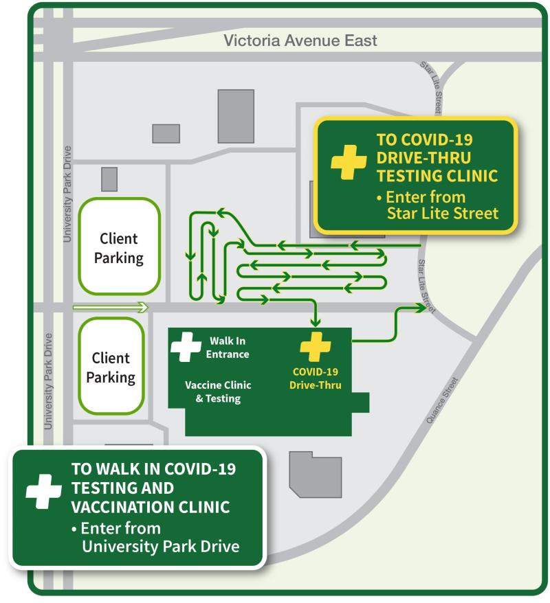 A map showing access to the COVID-19 vaccine mass clinic and drive-thru testing new location in Regina.