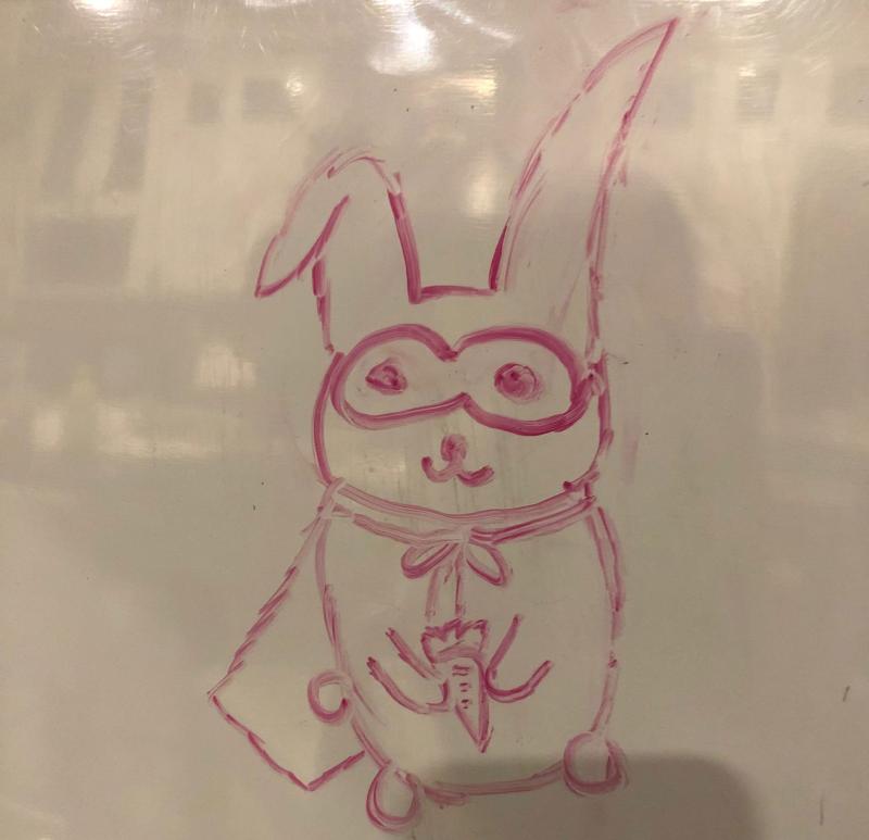 Superhero bunny initial design by 11 year old by Raya.