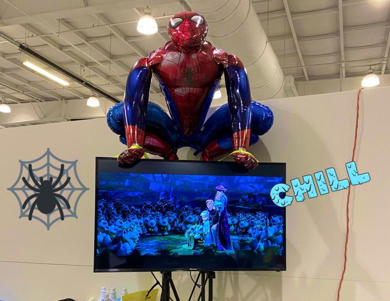 Spiderman watches over the movie “Frozen” in Saskatoon.