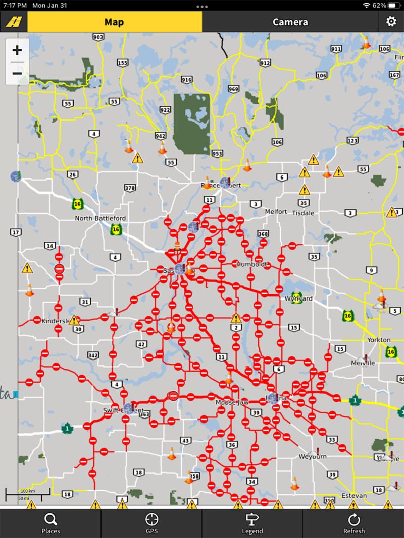 The Highway Hotline, as of 7:30 p.m. Jan. 31, shows a web of red, indicating closed roadways.