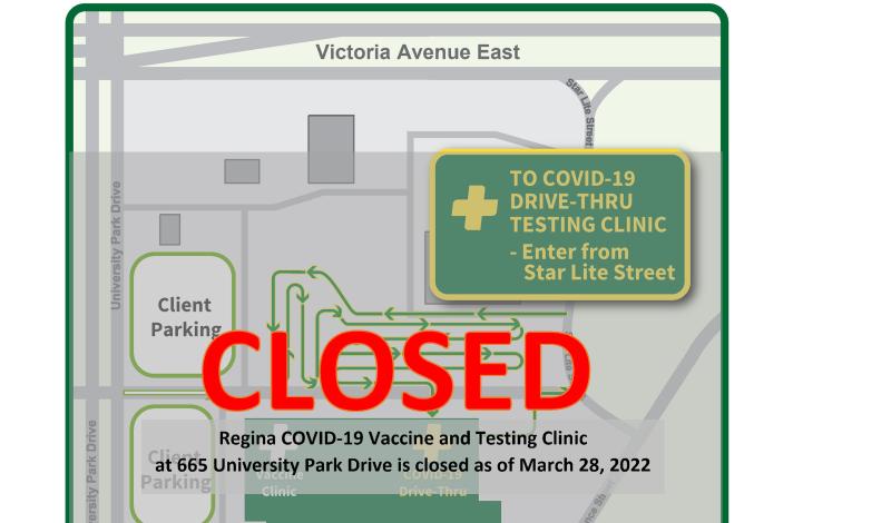 Map of vaccination and testing site at 665 University Drive, Regina; noting it is closed as of March 28, 2022.