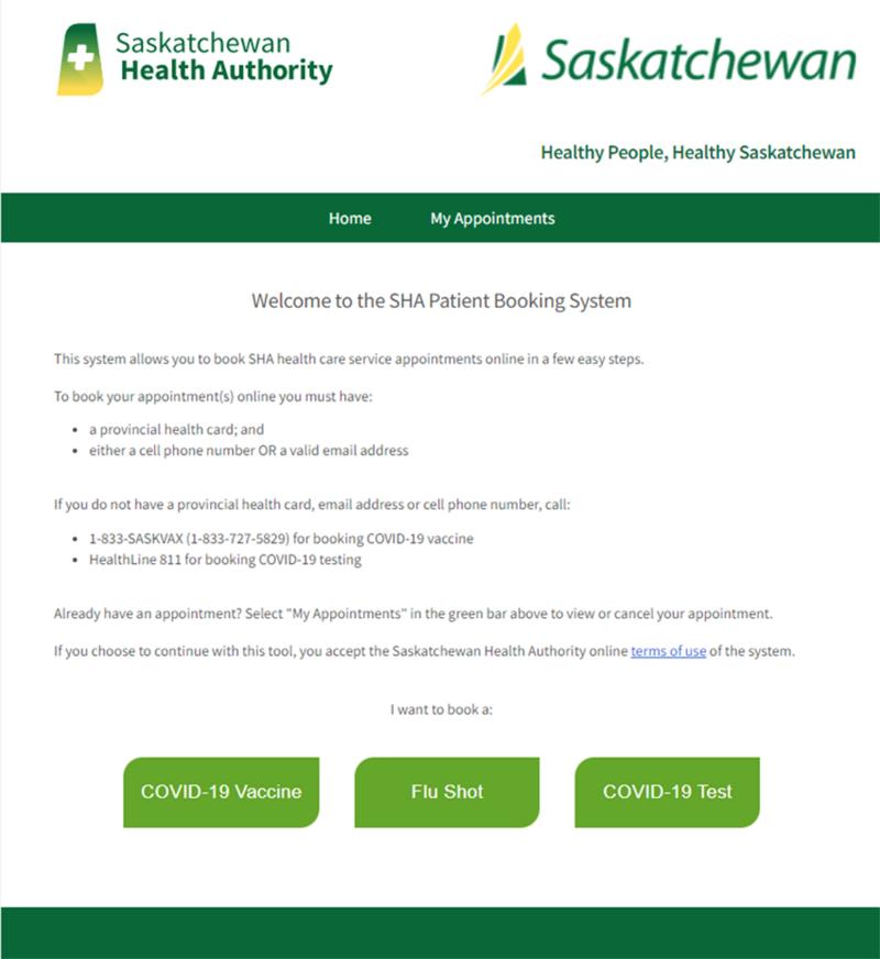 The front page of the Patient Booking system, with Saskatchewan Health Authority and Government of Saskatchewan logos