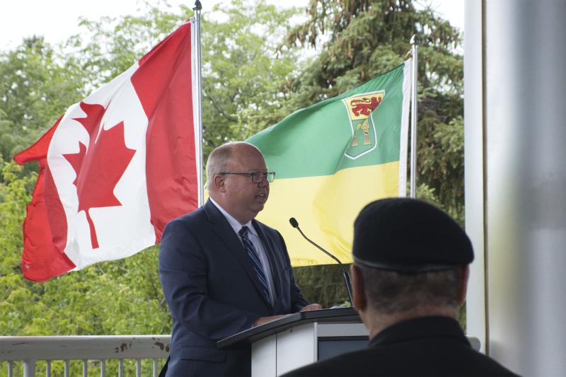 SHA CEO Andrew Will speaks at the Truth and Reconciliation Flag Raising ceremony at Saskatoon City Hospital.