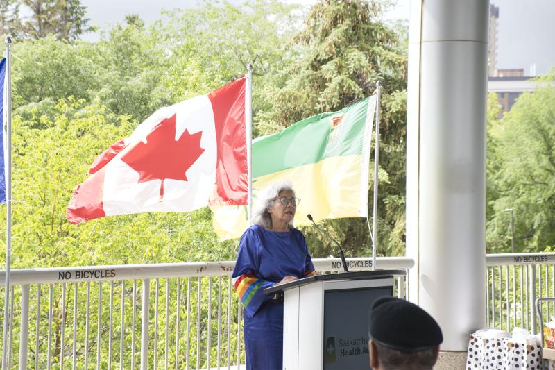 Knowledge Keeper Louise Halfe speaks at the Truth and Reconciliation Flag Raising ceremony at Saskatoon City Hospital.