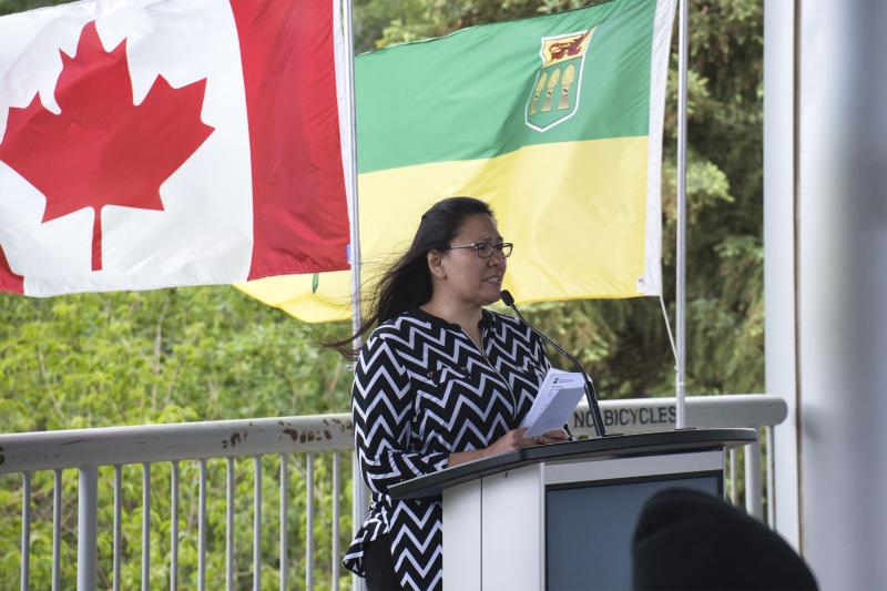 Priscilla Johnstone, a Patient Family Partner from the Mistawasis Nehiyawak Nation, shares her story at the Truth and Reconciliation Flag Raising ceremony at Saskatoon City Hospital.