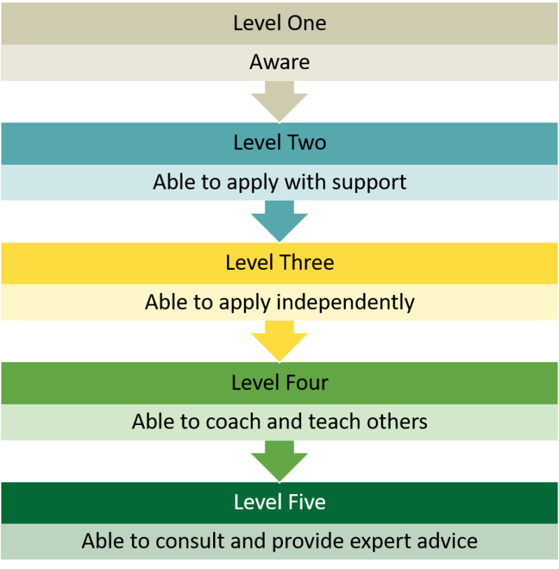 Level 1: Aware; Level 2: Able to apply with support; Level 3: Able to apply independently; Level 4: Able to coach and teach others; Level 5: Able to consult and provide expert advice