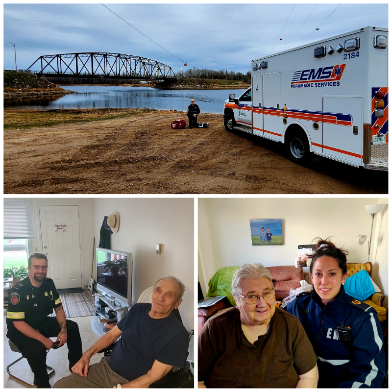 Emergency Medical Services (EMS) paramedics delivering community paramedicine services are pictured with clients inside their homes and outside an ambulance.