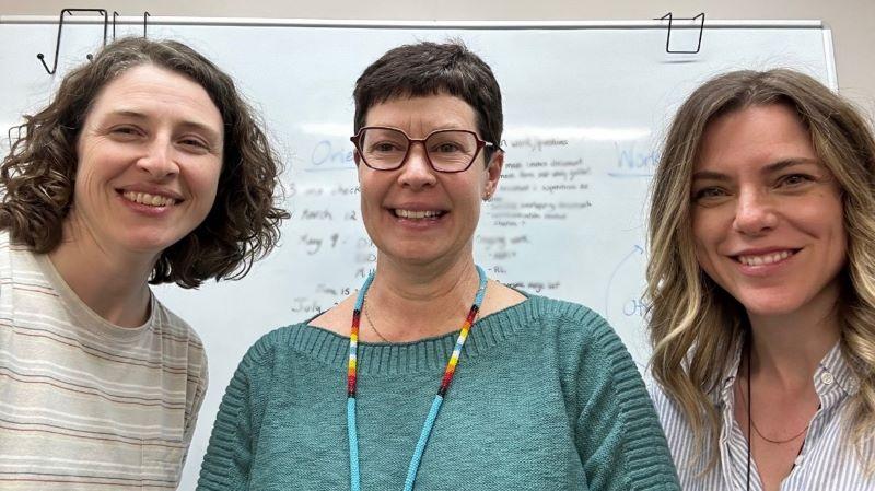 Three women are standing side-by-side in front of a white board