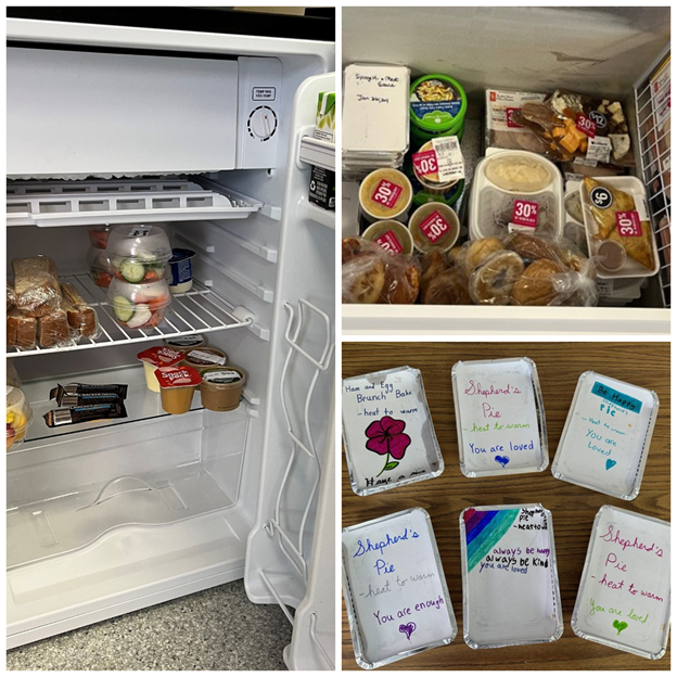 The contents of a mini fridge, a freezer packed with freezer meals and a variety of frozen food items donated through food rescue, and prepared freezer meals with messages of hope are displayed.