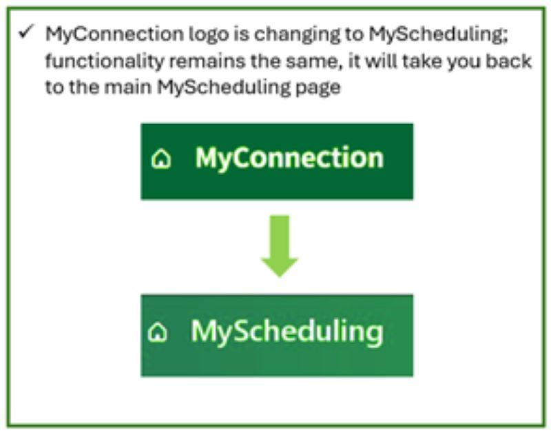 MyConnection logo with an arrow pointing towards the new MyScheduling logo