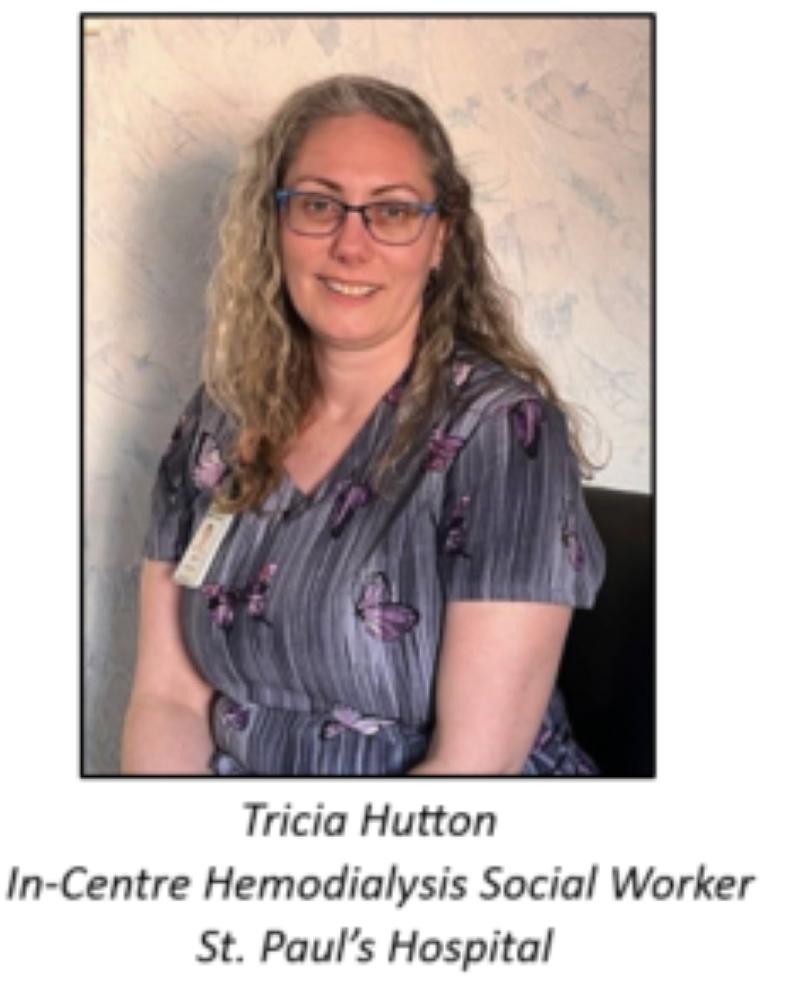 A women wearing a Saskatchewan Health Authority (SHA) employee identification badge and lanyard poses for a photography while seated on a chair.