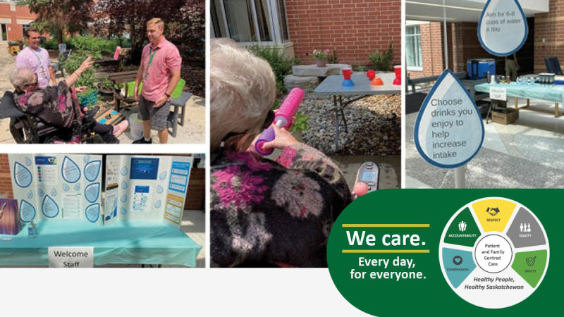 Resident throwing wet sponge at two staff members, resident using a water gun attempting to knock down red cups, signs about the importance of hydration.
