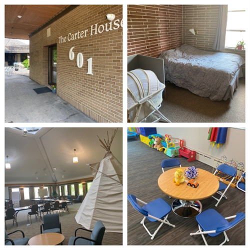 Four photos depict the front entrance to a brick building, a bedroom room with a queen bed and a cradle, a teepee in among tables and chairs in a meeting room, and a child’s table and chair set and toys.